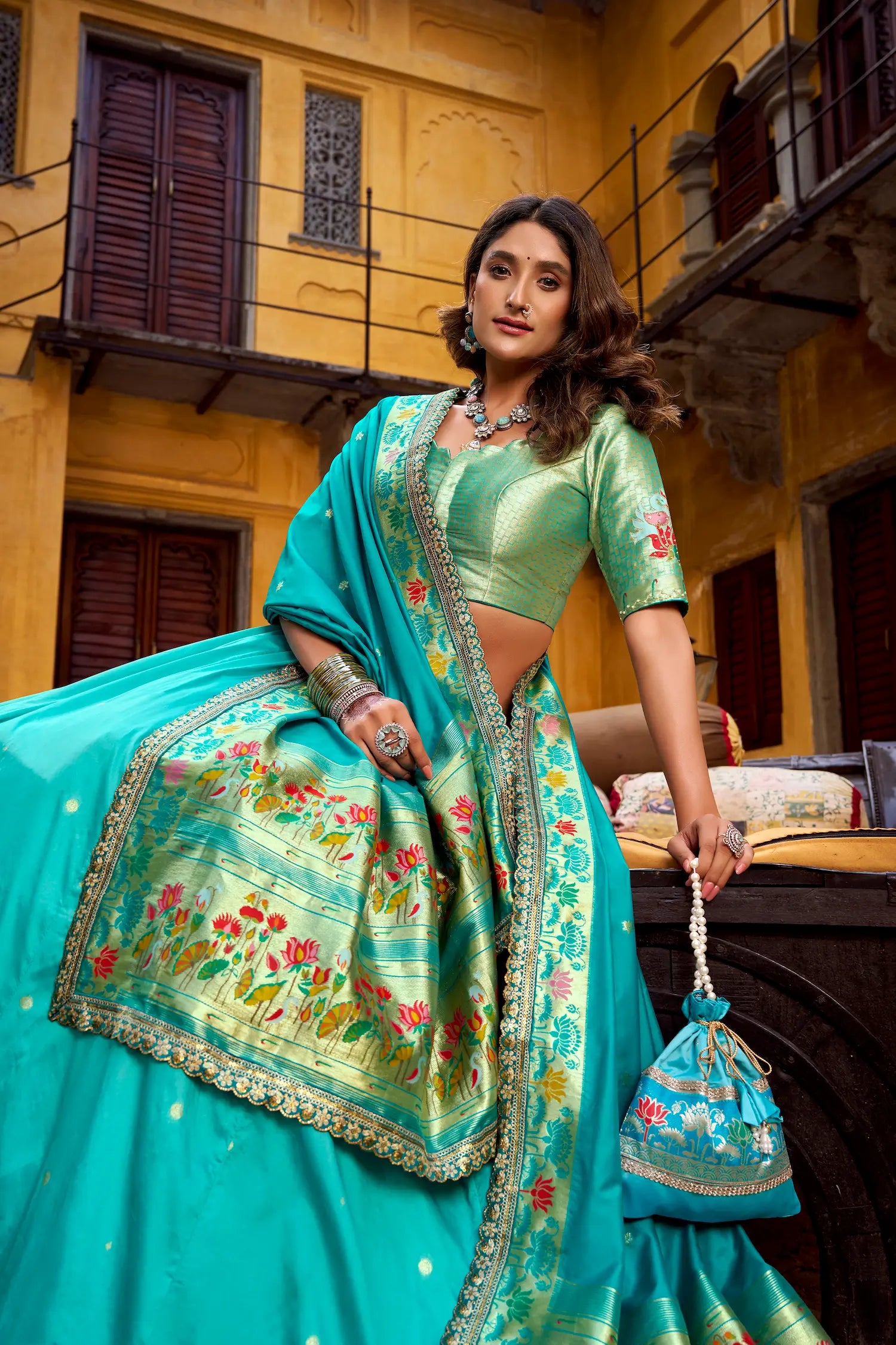 Sea Blue Zari Weaving Paithani Lehenga Choli