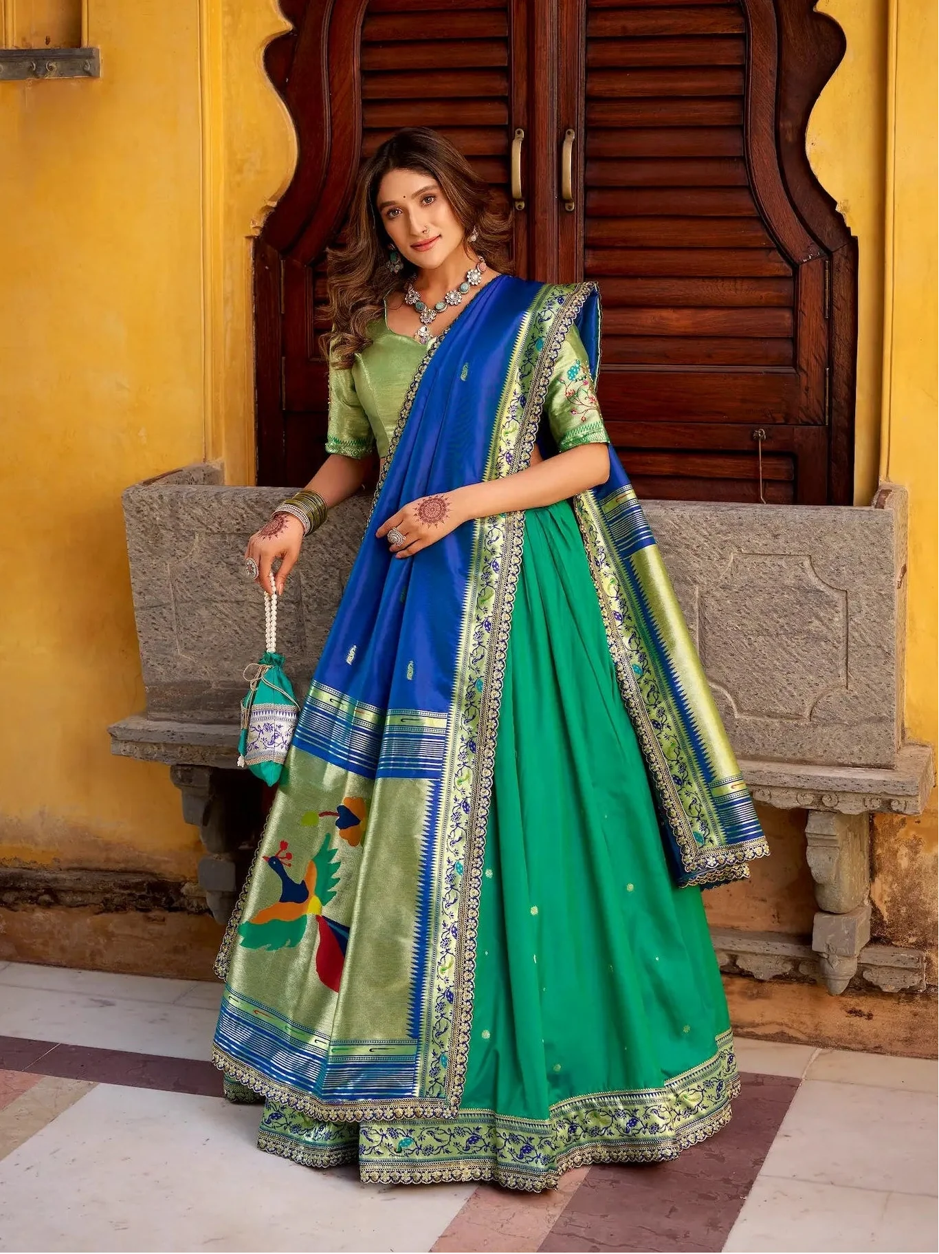 Teal Blue Zari Weaving Paithani Lehenga Choli