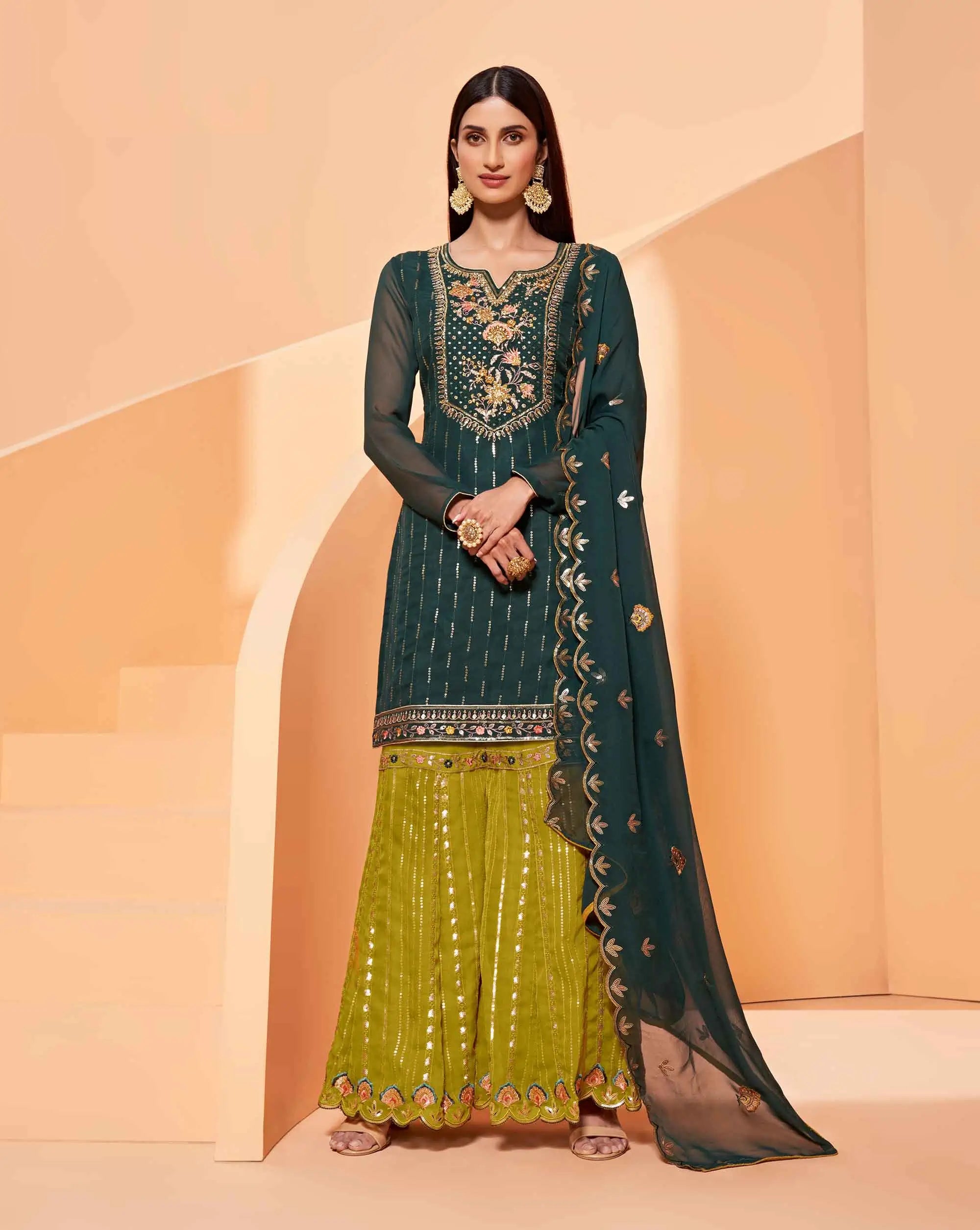Dark Green And Lime Heavy Embroidery Work Georgette Sharara Set With Dupatta - qivii