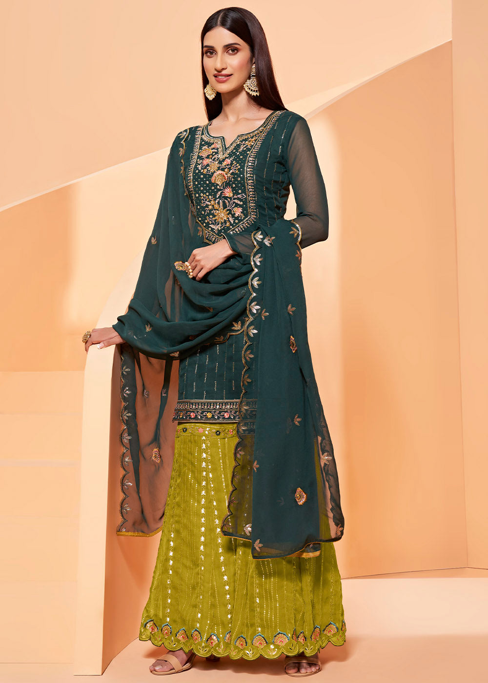 Arabian Green Georgette Sharara Suit with Thread, Sequins & Khatli work - qivii
