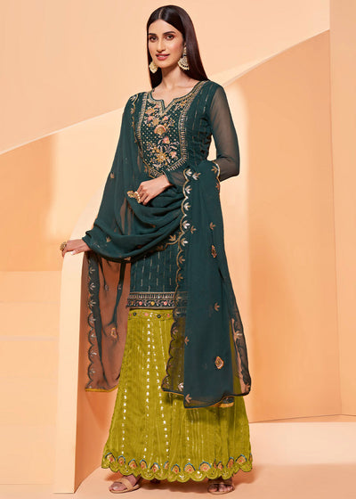 Arabian Green Georgette Sharara Suit with Thread, Sequins & Khatli work By Qivii
