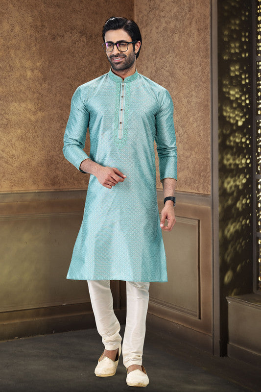 Men's Sky Blue Jacquard Banarasi Silk Thread Work Kurta Pajama Set