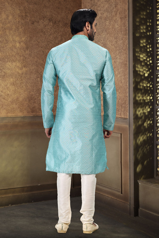 Men's Sky Blue Jacquard Banarasi Silk Thread Work Kurta Pajama Set