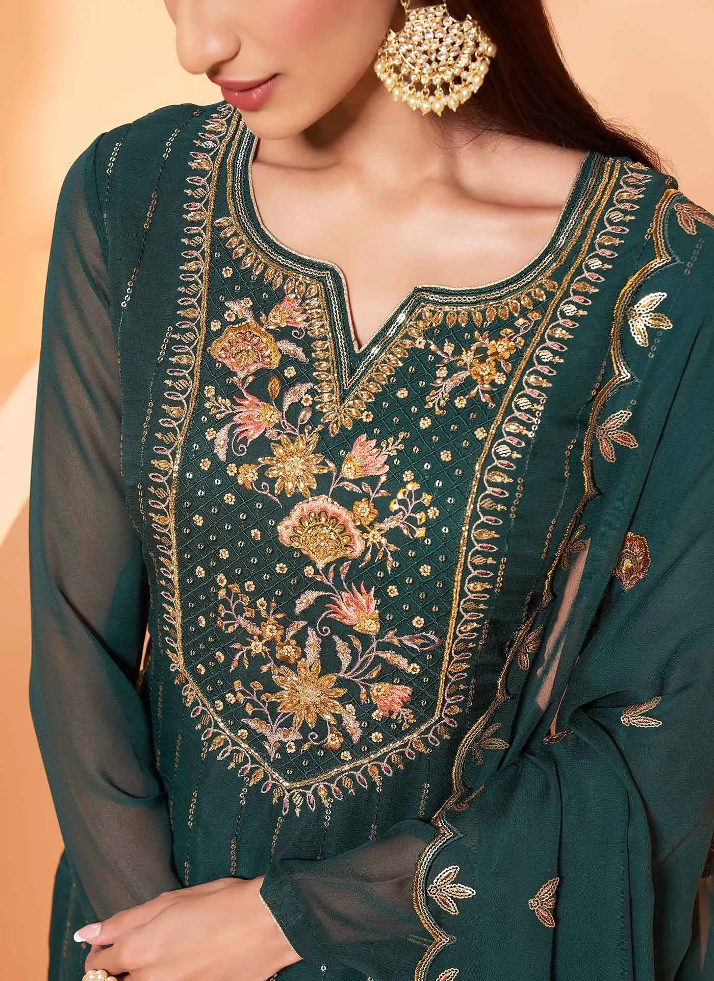 Dark Green And Lime Heavy Embroidery Work Georgette Sharara Set With Dupatta