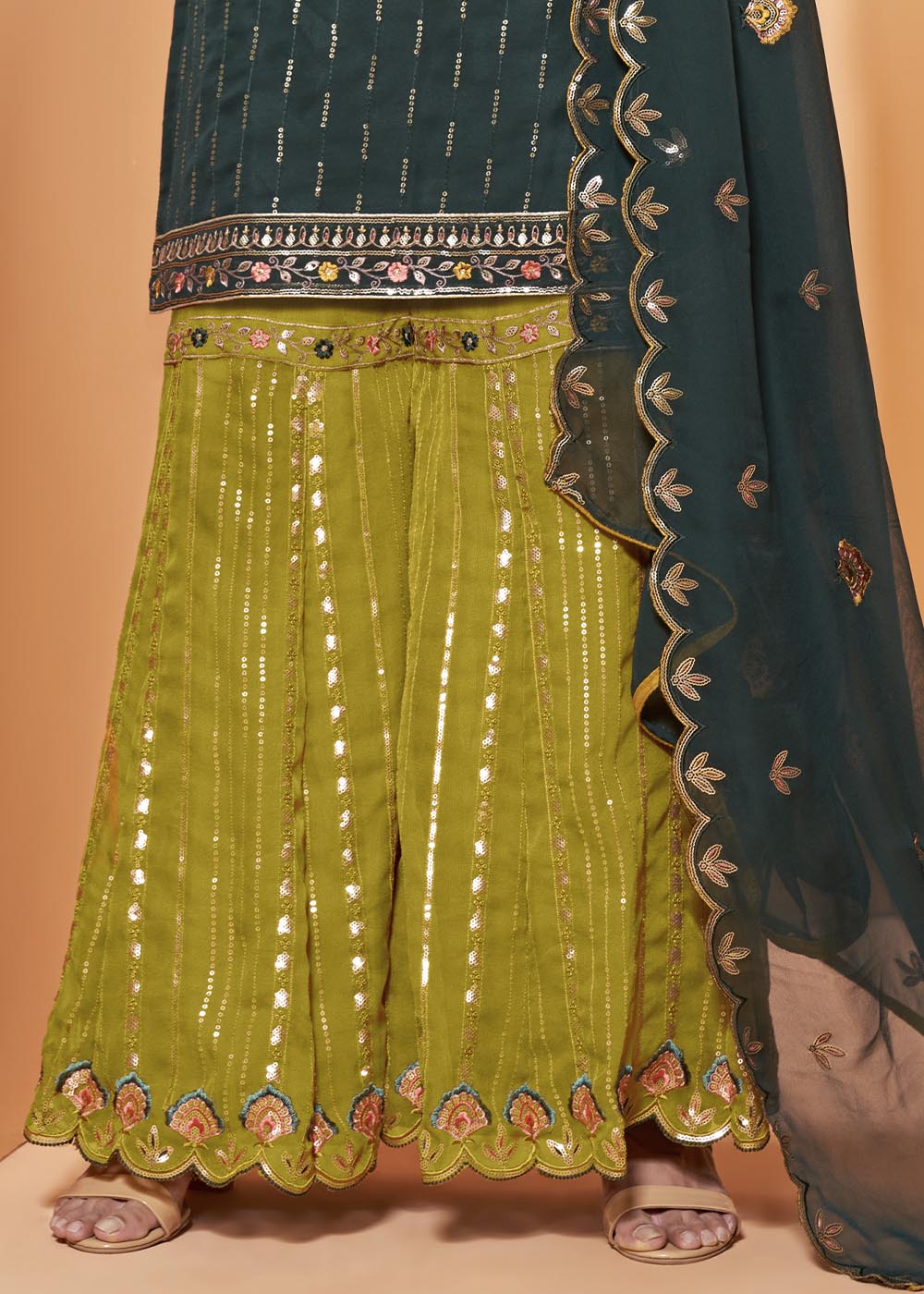 Arabian Green Georgette Sharara Suit with Thread, Sequins & Khatli work - qivii