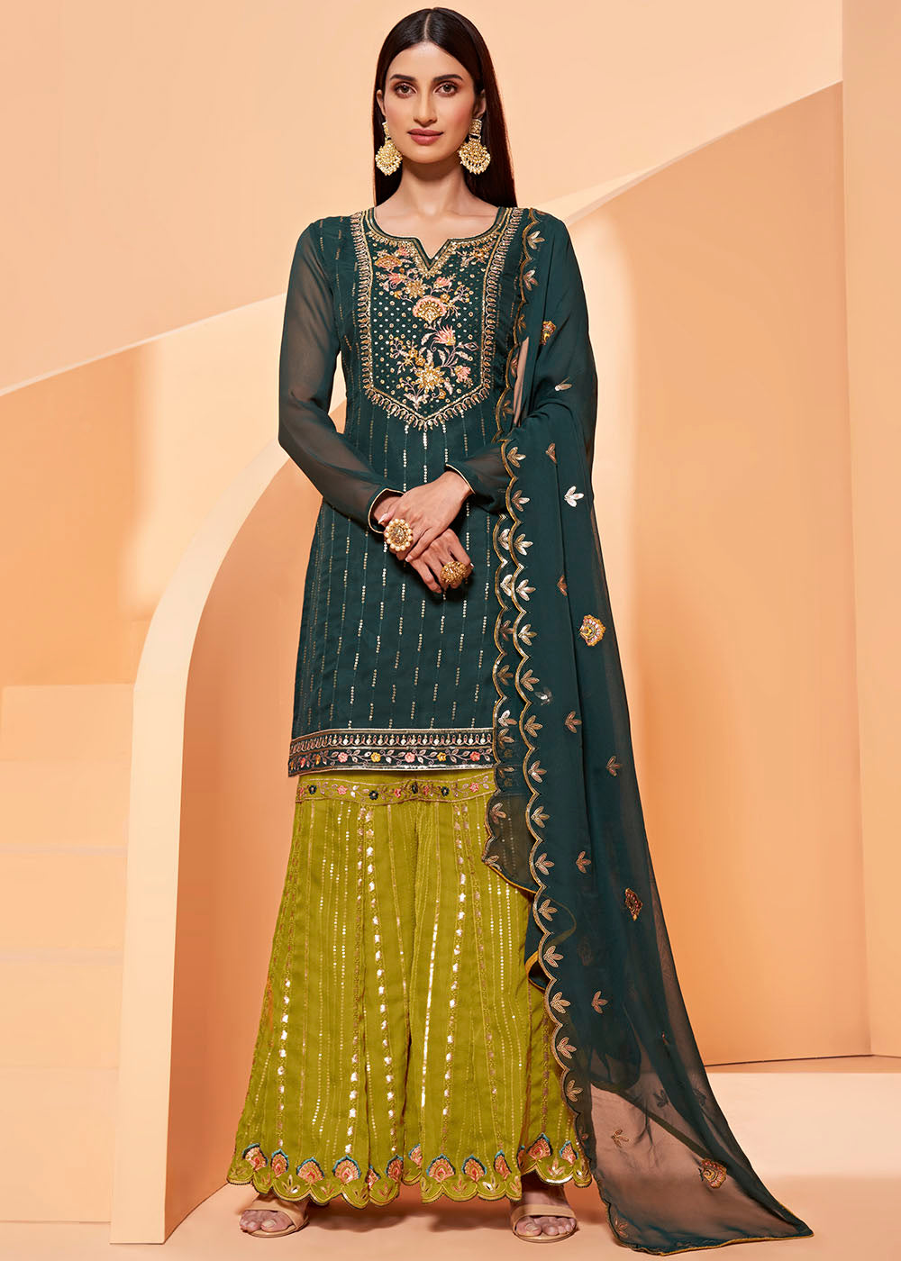 Arabian Green Georgette Sharara Suit with Thread, Sequins & Khatli work - qivii