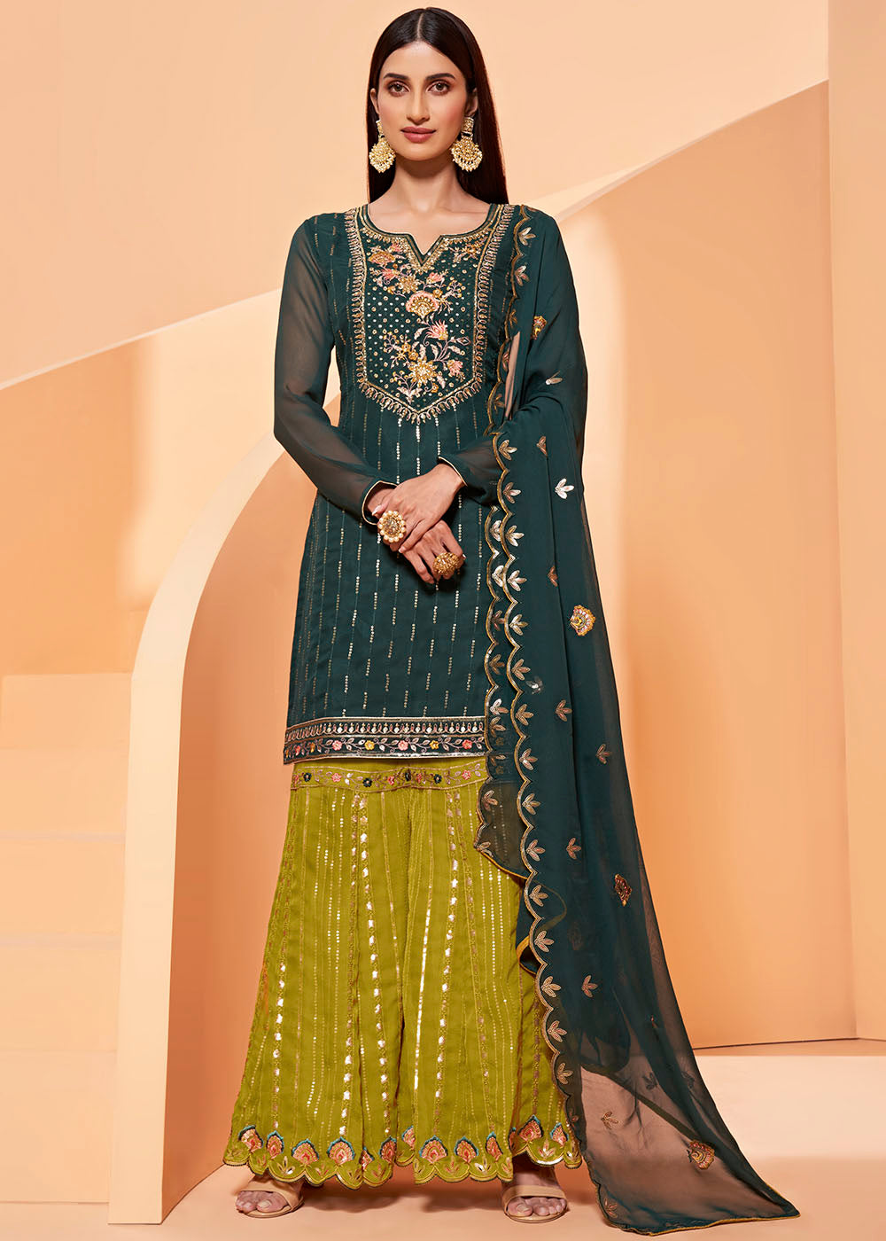 Arabian Green Georgette Sharara Suit with Thread, Sequins & Khatli work By Qivii