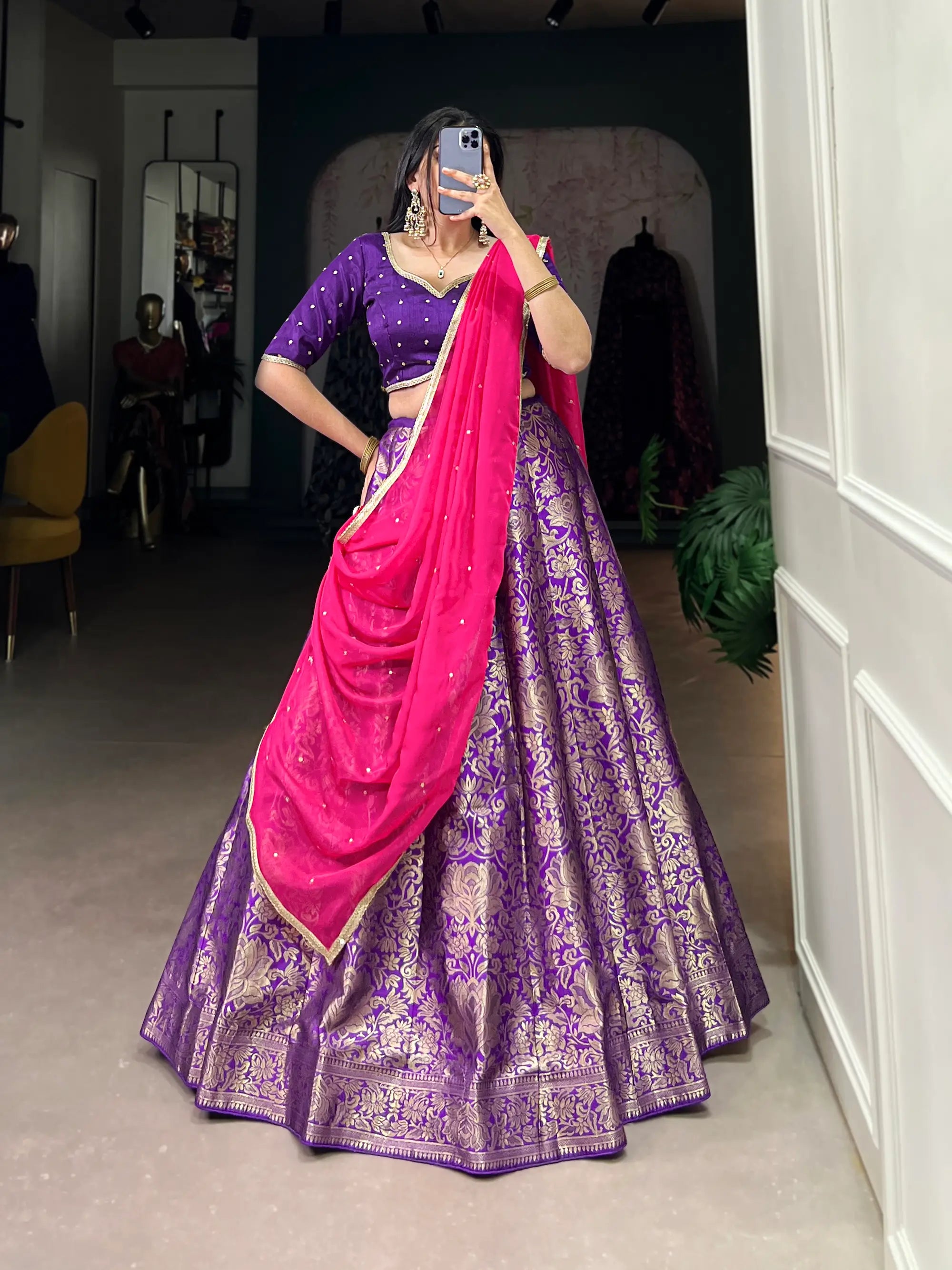Purple Jacquard Silk Zari Weaving Lehenga Choli | Ready To Wear - qivii