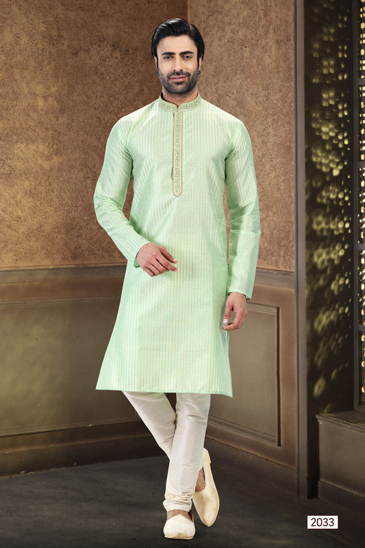 Men's Pista Green Jacquard Art Silk Thread Work Kurta Pajama Set
