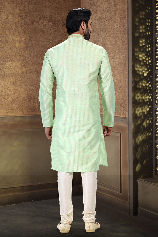 Men's Pista Green Jacquard Art Silk Thread Work Kurta Pajama Set