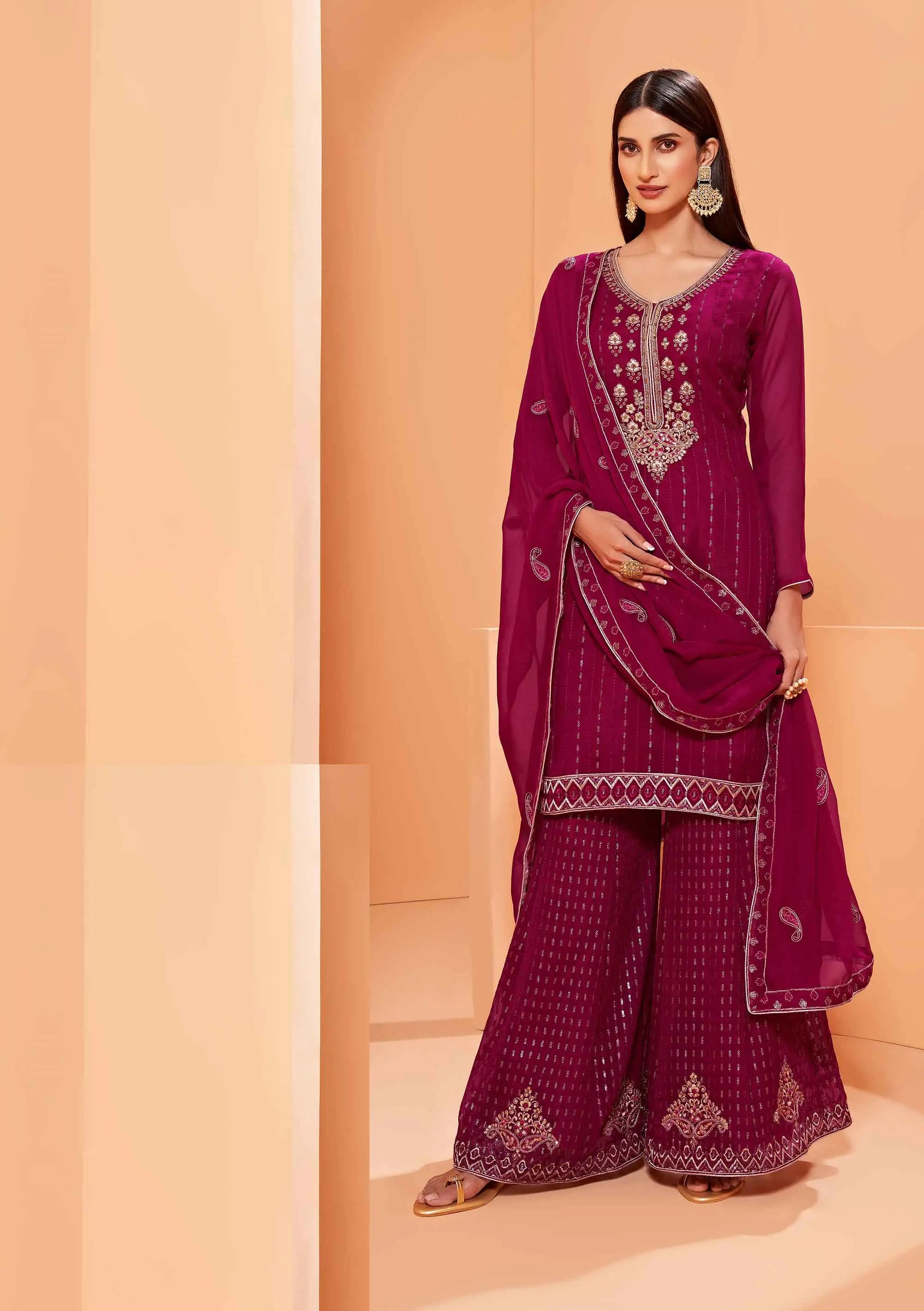 Magenta Sequins Embroidery Work Georgette Sharara Set With Dupatta - qivii