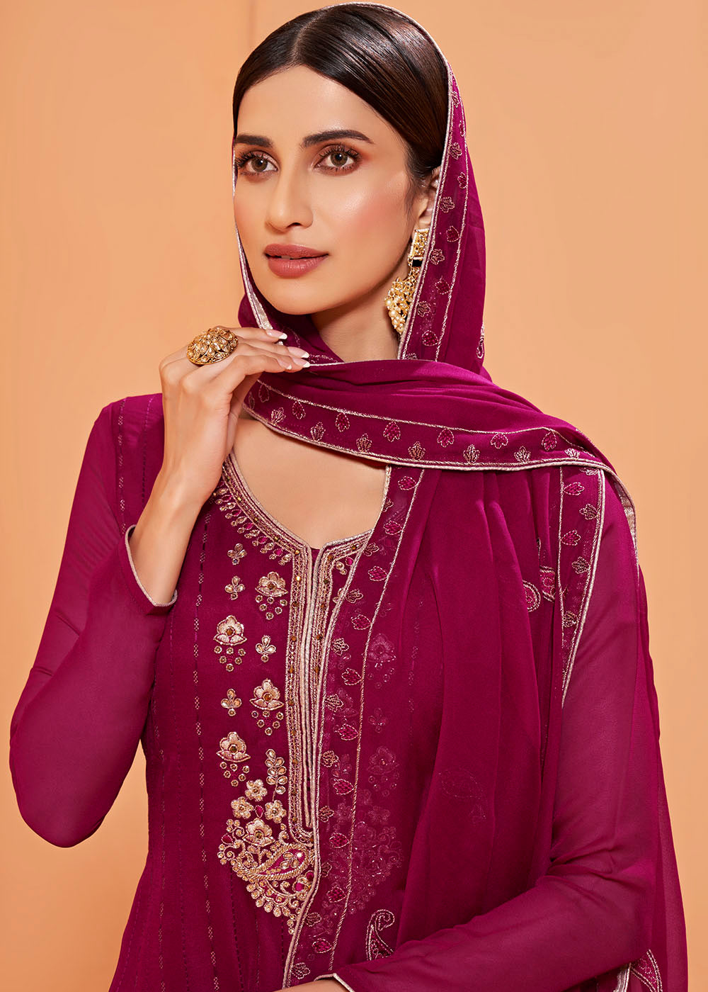 Magenta Pink Georgette Sharara Suit with Thread, Sequins & Khatli work - qivii