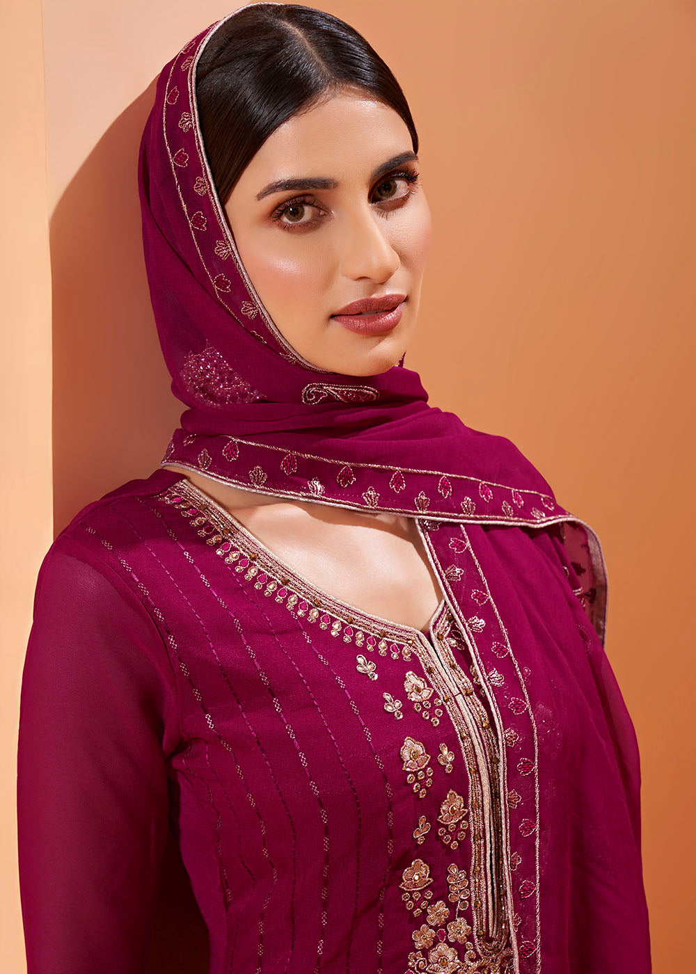 Magenta Pink Georgette Sharara Suit with Thread, Sequins & Khatli work - qivii