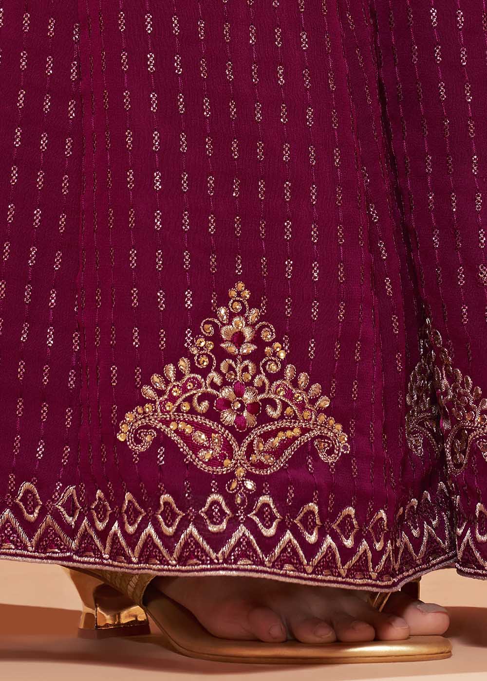 Magenta Pink Georgette Sharara Suit with Thread, Sequins & Khatli work - qivii