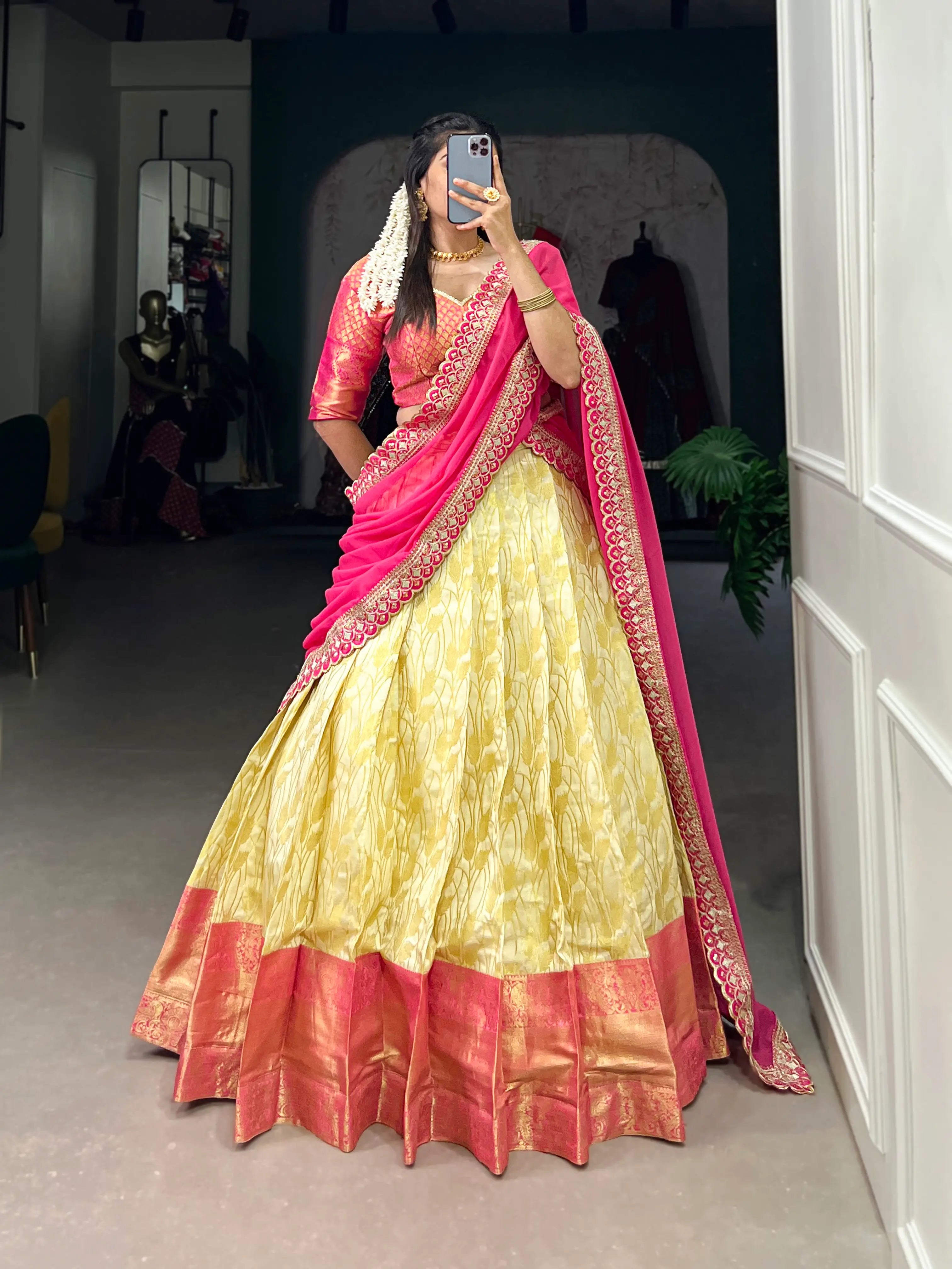 Beige Jacquard Silk Lehenga Choli With Zari Weaving Work | Ready To Wear - qivii
