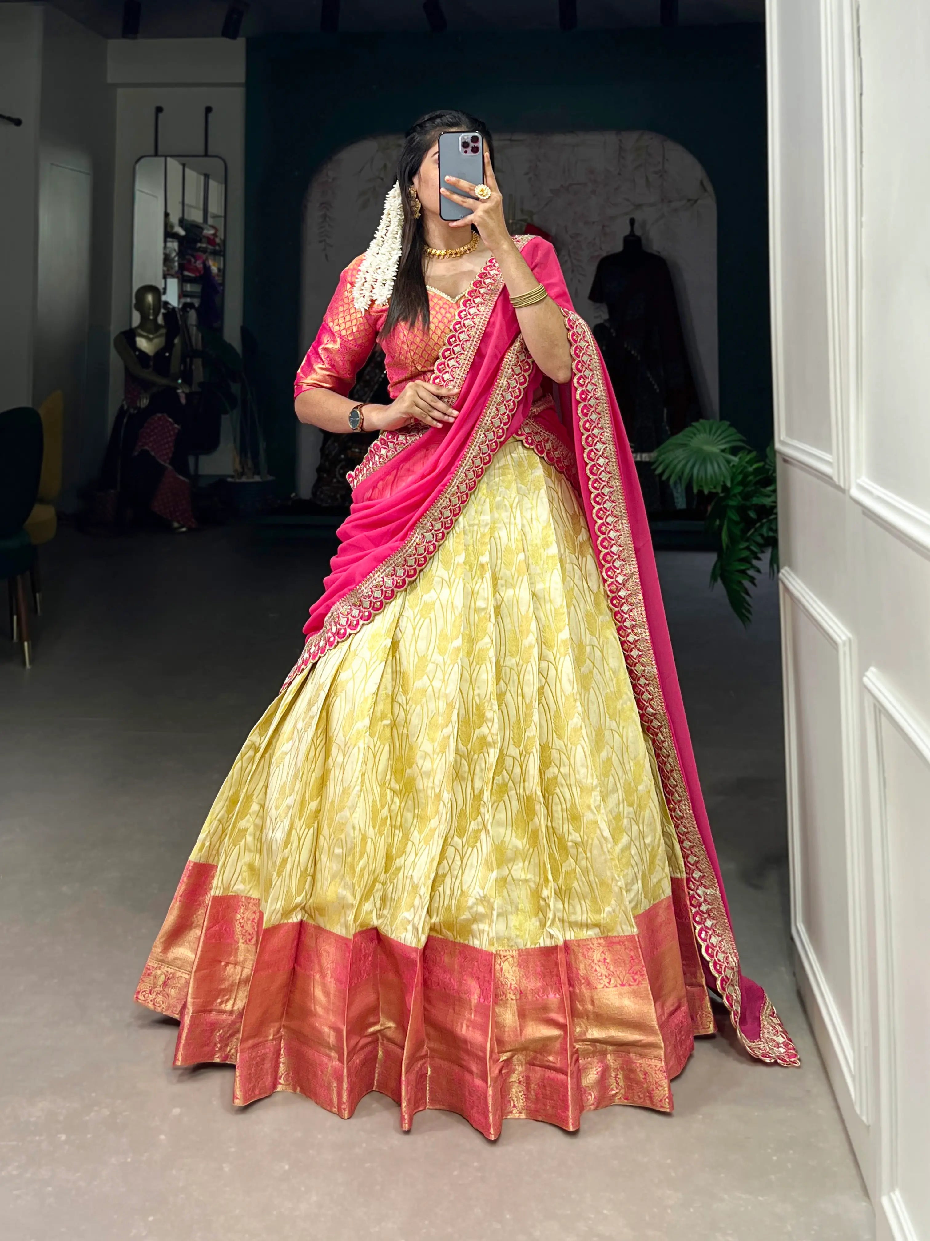 Beige Jacquard Silk Lehenga Choli With Zari Weaving Work | Ready To Wear - qivii