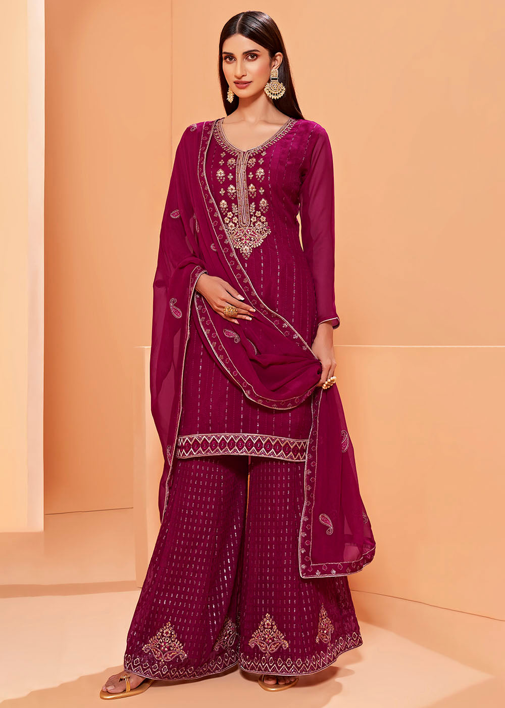 Magenta Pink Georgette Sharara Suit with Thread, Sequins & Khatli work - qivii