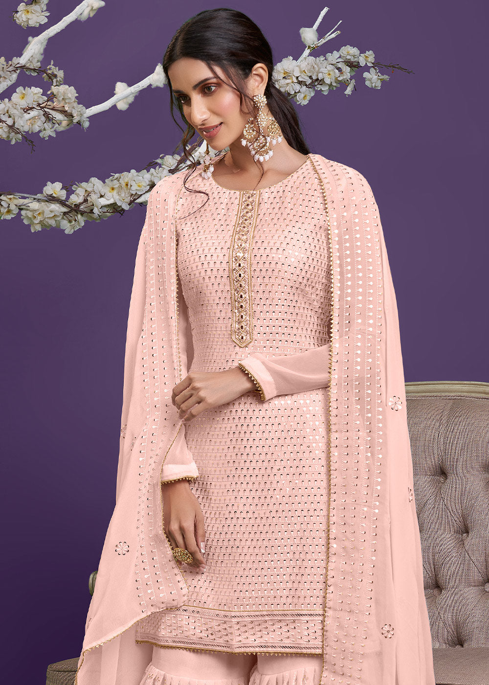 Crepe Pink Georgette Sharara Suit with Thread, Sequins & Khatli work - qivii