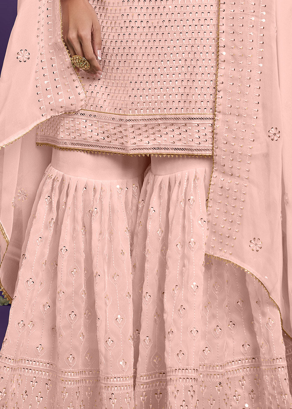 Crepe Pink Georgette Sharara Suit with Thread, Sequins & Khatli work By Qivii