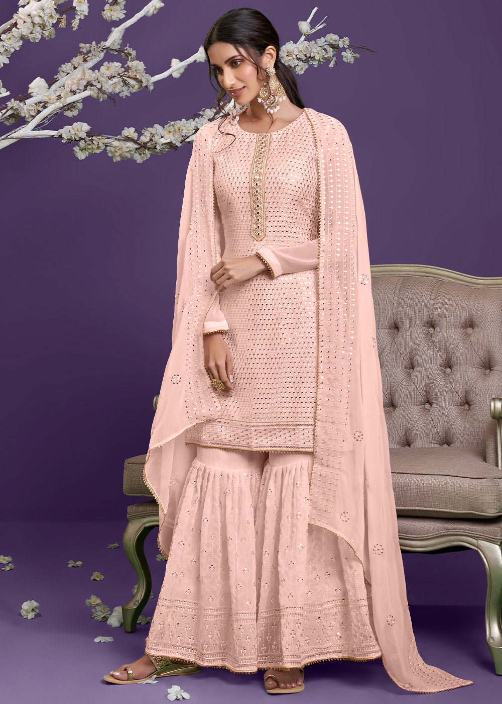 Crepe Pink Georgette Sharara Suit with Thread, Sequins & Khatli work - qivii