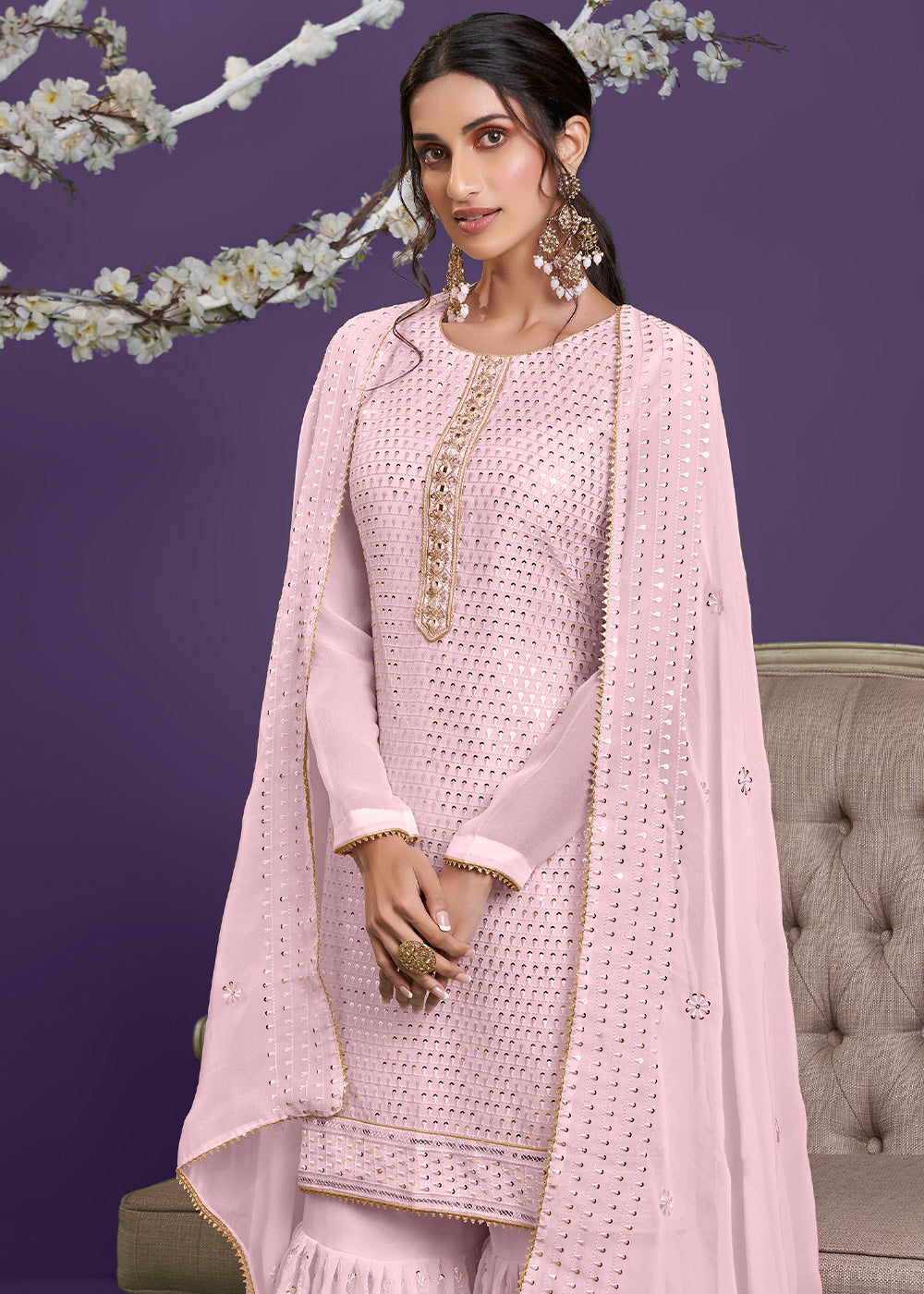 Lemonade Pink Georgette Sharara Suit with Thread, Sequins & Khatli work - qivii