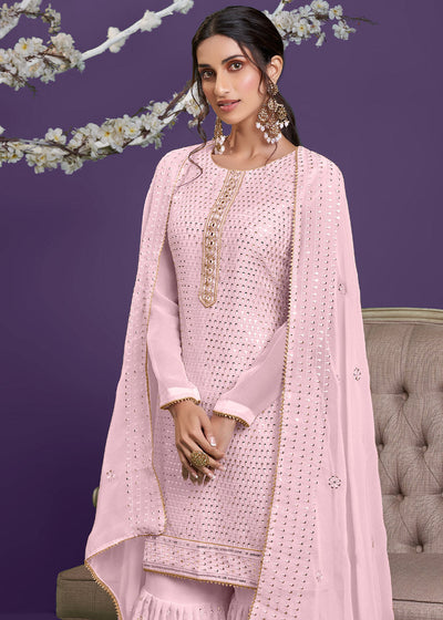 Lemonade Pink Georgette Sharara Suit with Thread, Sequins & Khatli work By Qivii