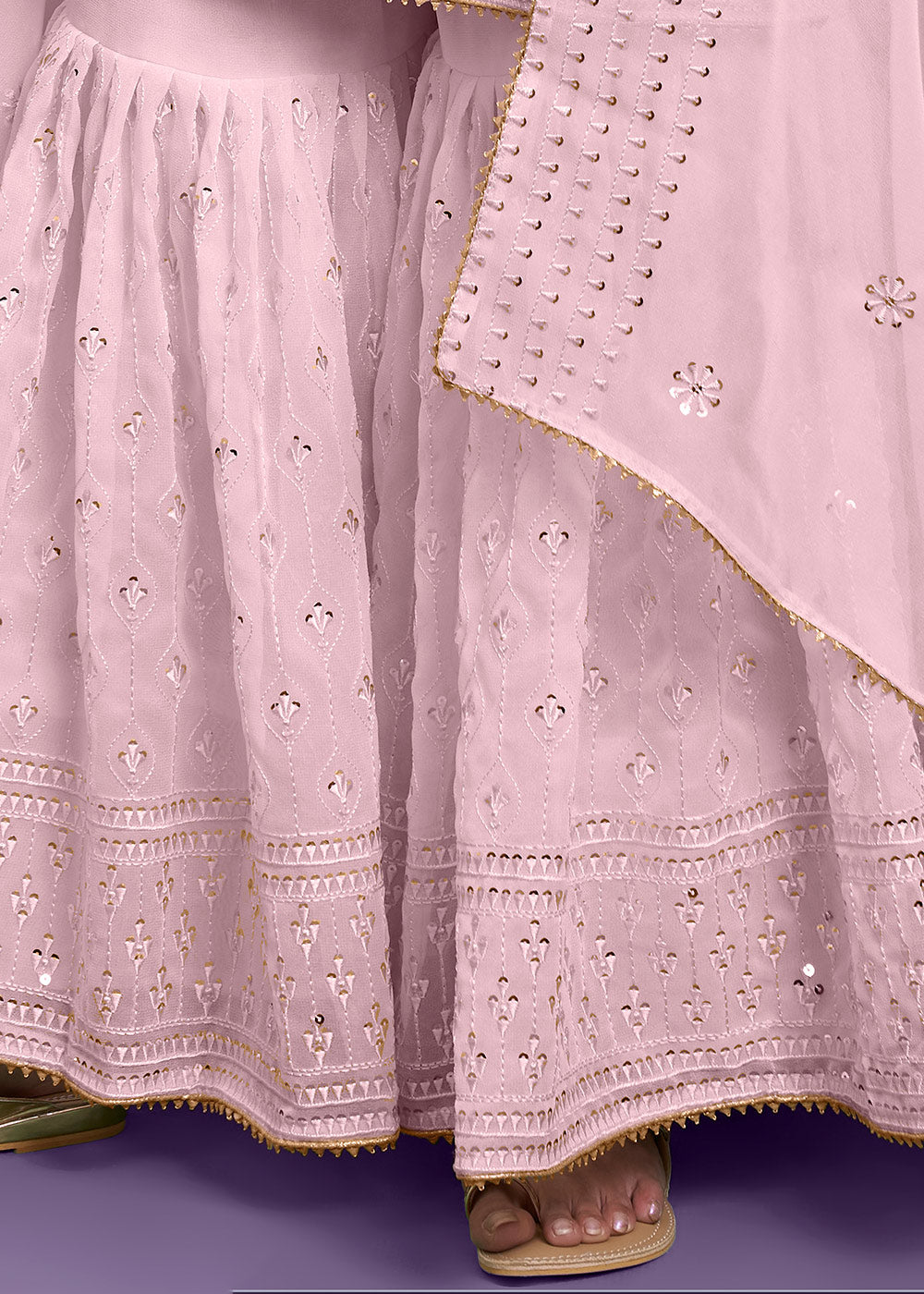 Lemonade Pink Georgette Sharara Suit with Thread, Sequins & Khatli work - qivii