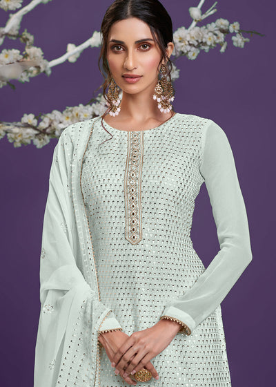 Light Coral Blue Georgette Sharara Suit with Thread, Sequins & Khatli work By Qivii
