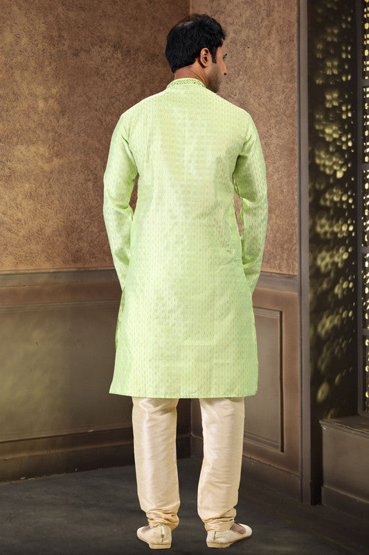 Men's Pista Green Jacquard Art Silk Mirror And Thread Work Kurta Pajama Set