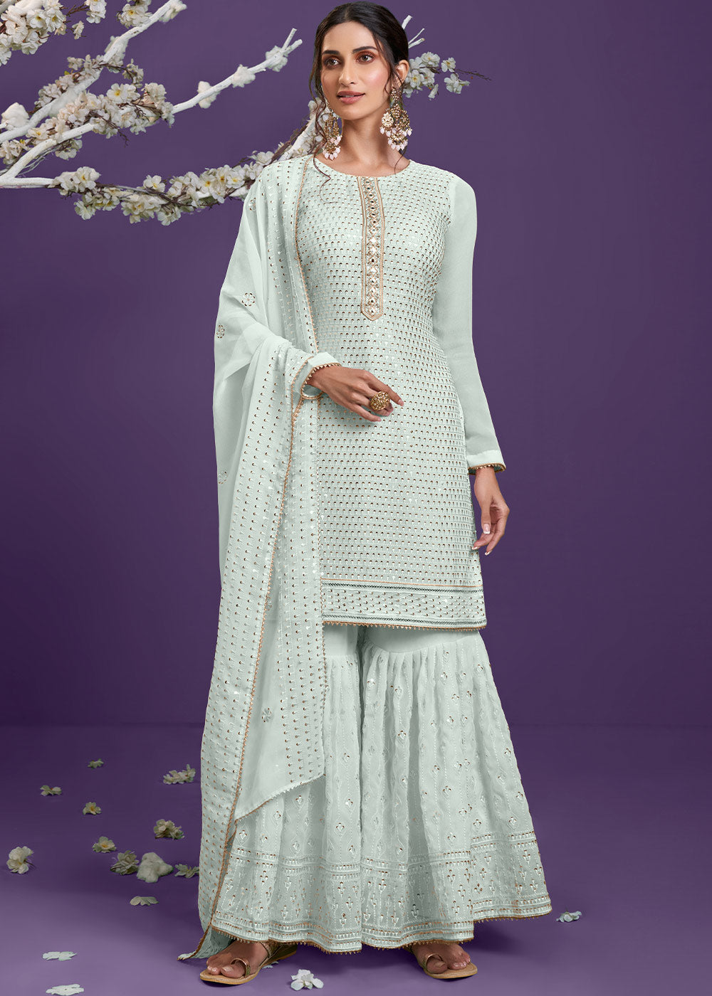 Light Coral Blue Georgette Sharara Suit with Thread, Sequins & Khatli work - qivii