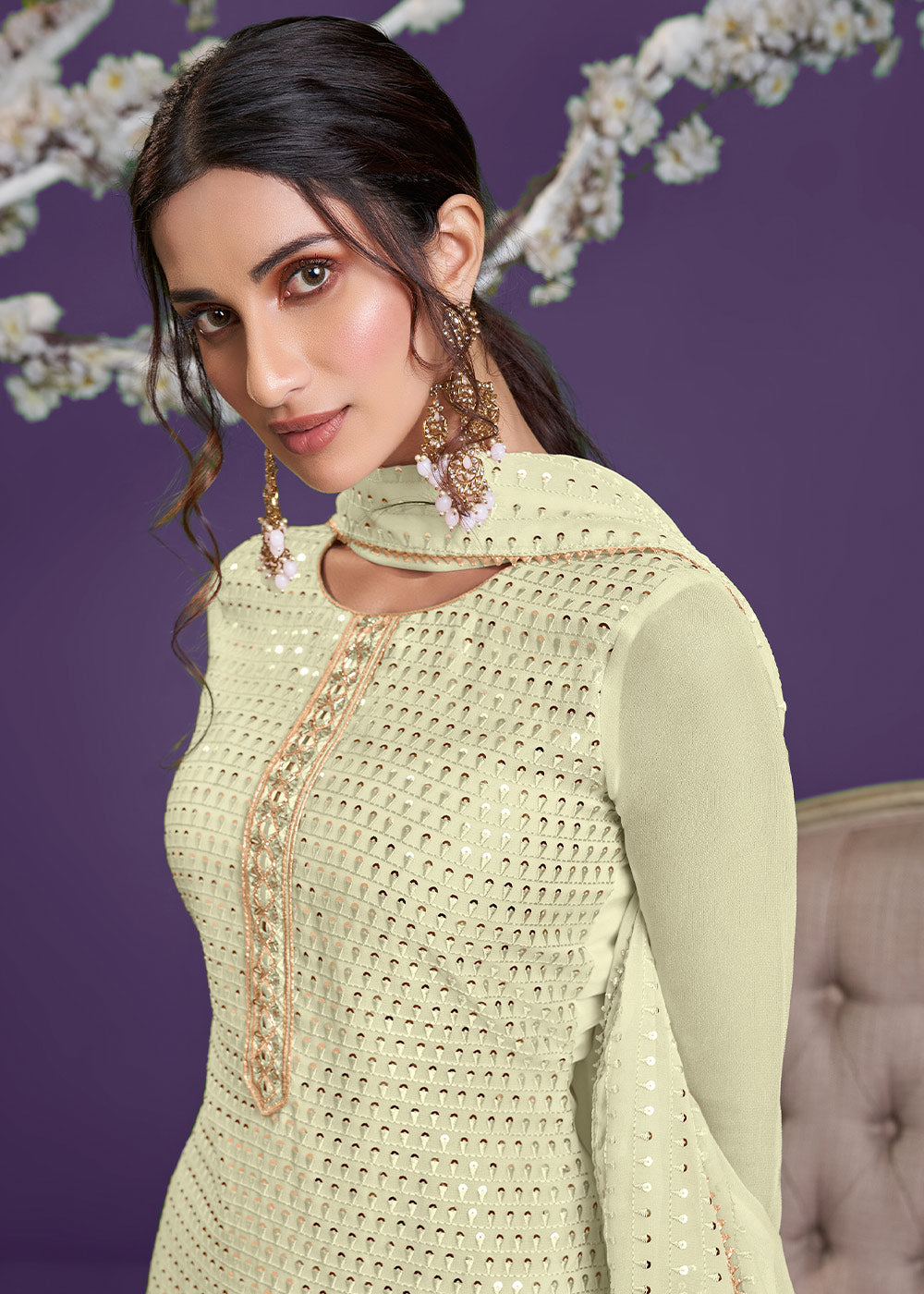 Blonde Yellow Georgette Sharara Suit with Thread, Sequins & Khatli work - qivii
