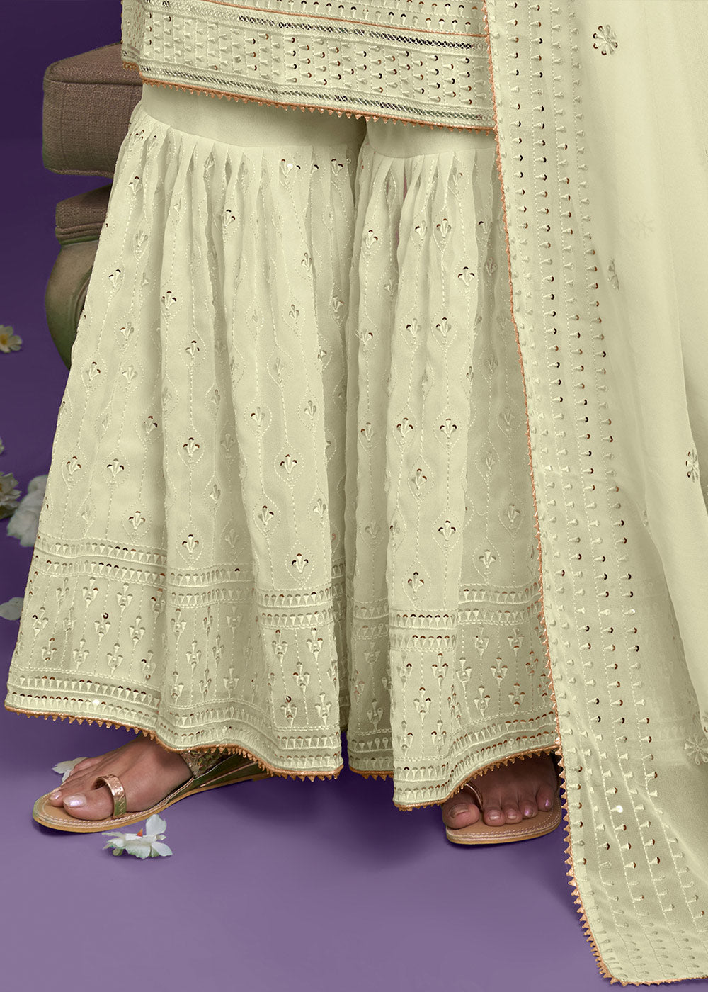 Blonde Yellow Georgette Sharara Suit with Thread, Sequins & Khatli work - qivii