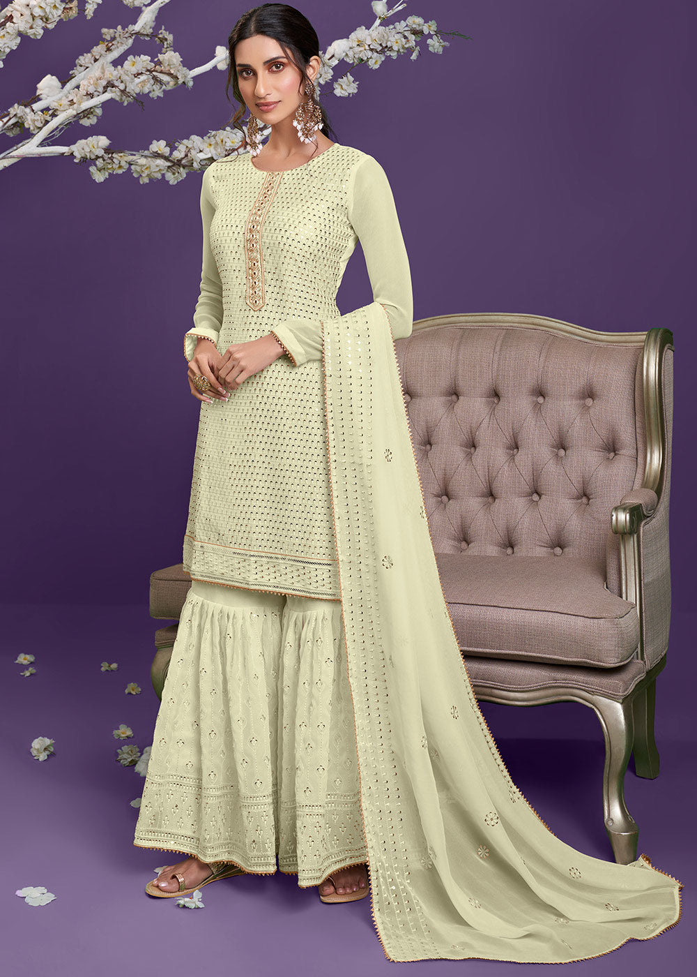 Blonde Yellow Georgette Sharara Suit with Thread, Sequins & Khatli work - qivii