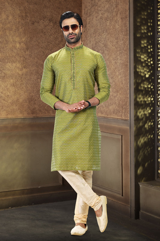Men's Green Jacquard Art Silk Mirror And Thread Work Kurta Pajama Set