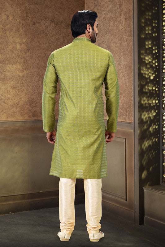 Men's Green Jacquard Art Silk Mirror And Thread Work Kurta Pajama Set