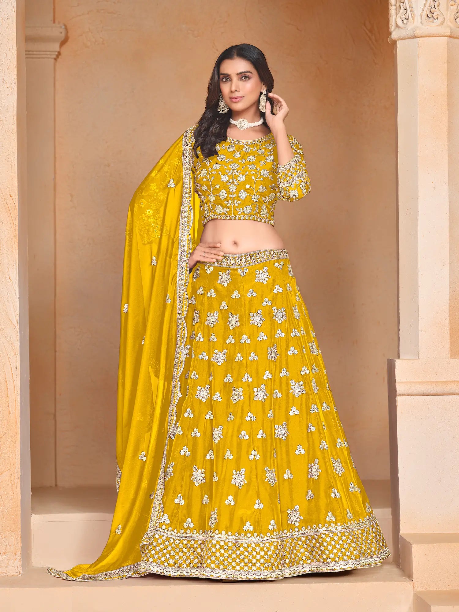 Yellow Organza Lehenga Choli With Thread & Sequence Embroidery Work - qivii