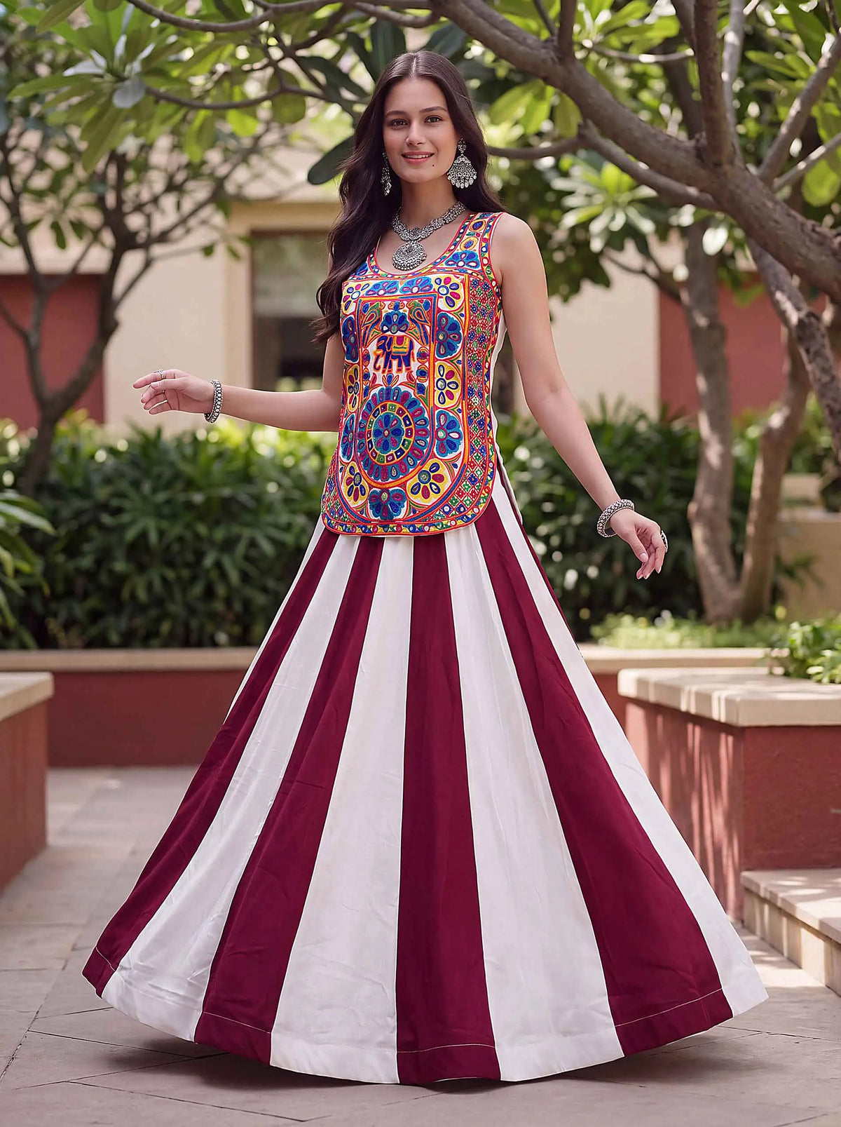6 Meter Flair | Maroon Navratri Lehenga Choli With Kali & Mirror Work