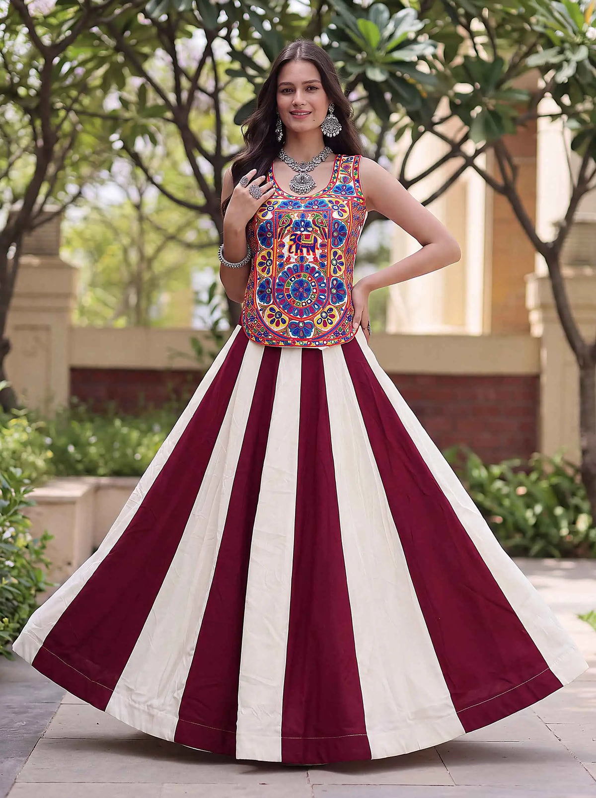 6 Meter Flair | Maroon Navratri Lehenga Choli With Kali & Mirror Work