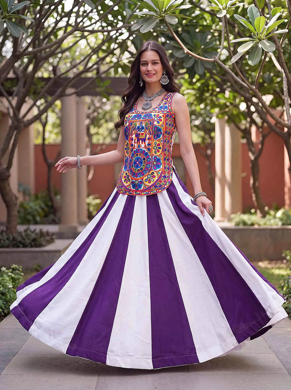 6 Meter Flair | Purple Navratri Lehenga Choli With Kali & Mirror Work