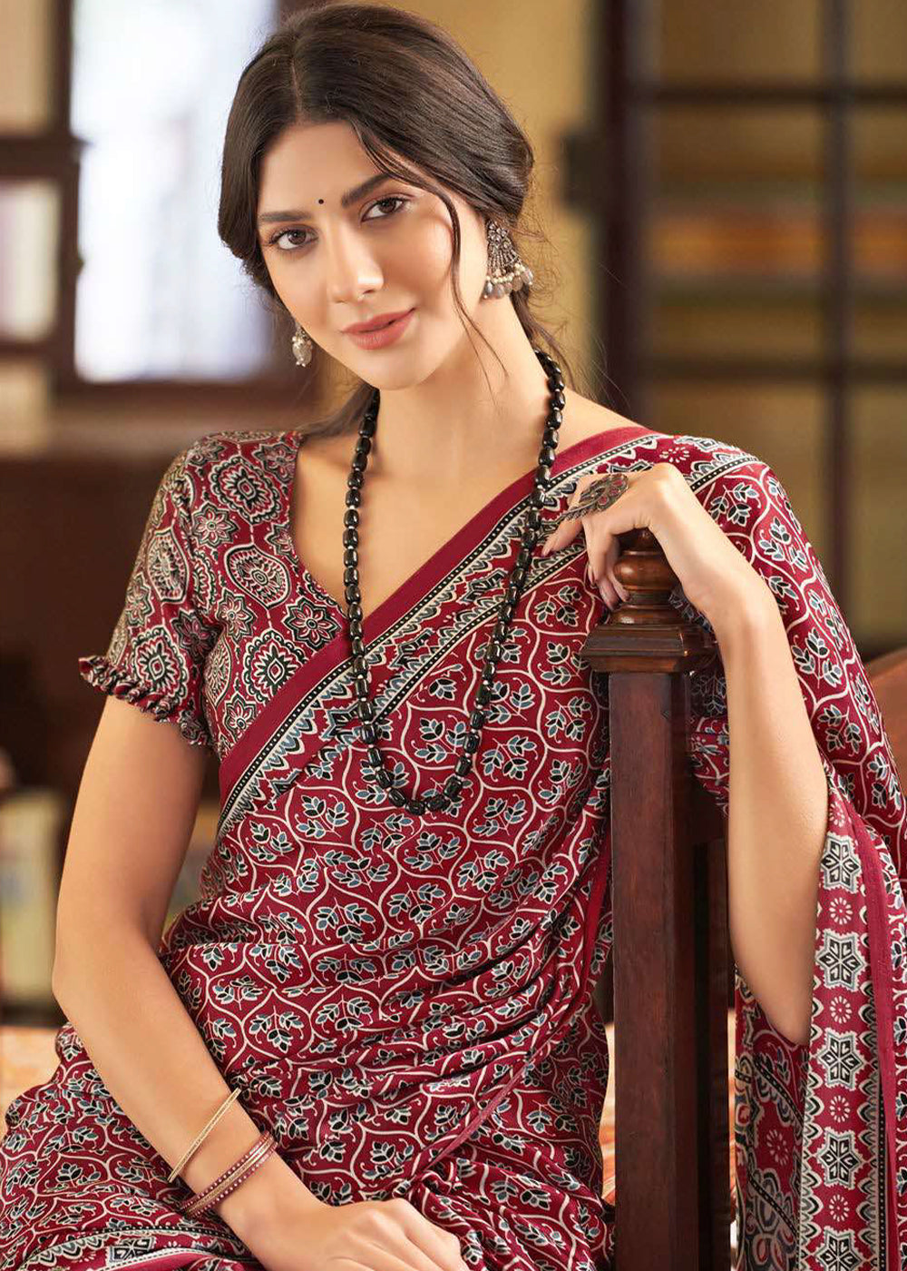Barn Red Ajrakh Printed Satin Crepe Saree:Summer Collection - qivii