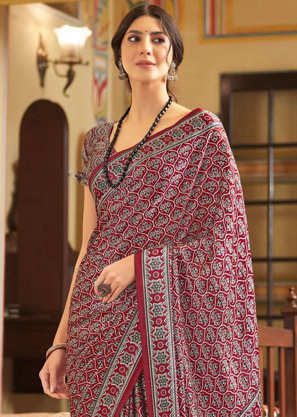 Barn Red Ajrakh Printed Satin Crepe Saree:Summer Collection - qivii
