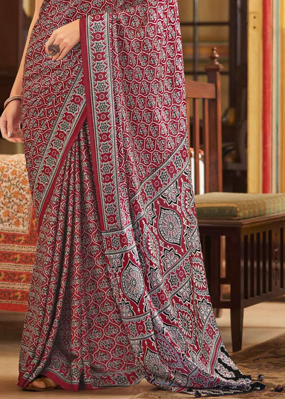Barn Red Ajrakh Printed Satin Crepe Saree:Summer Collection - qivii
