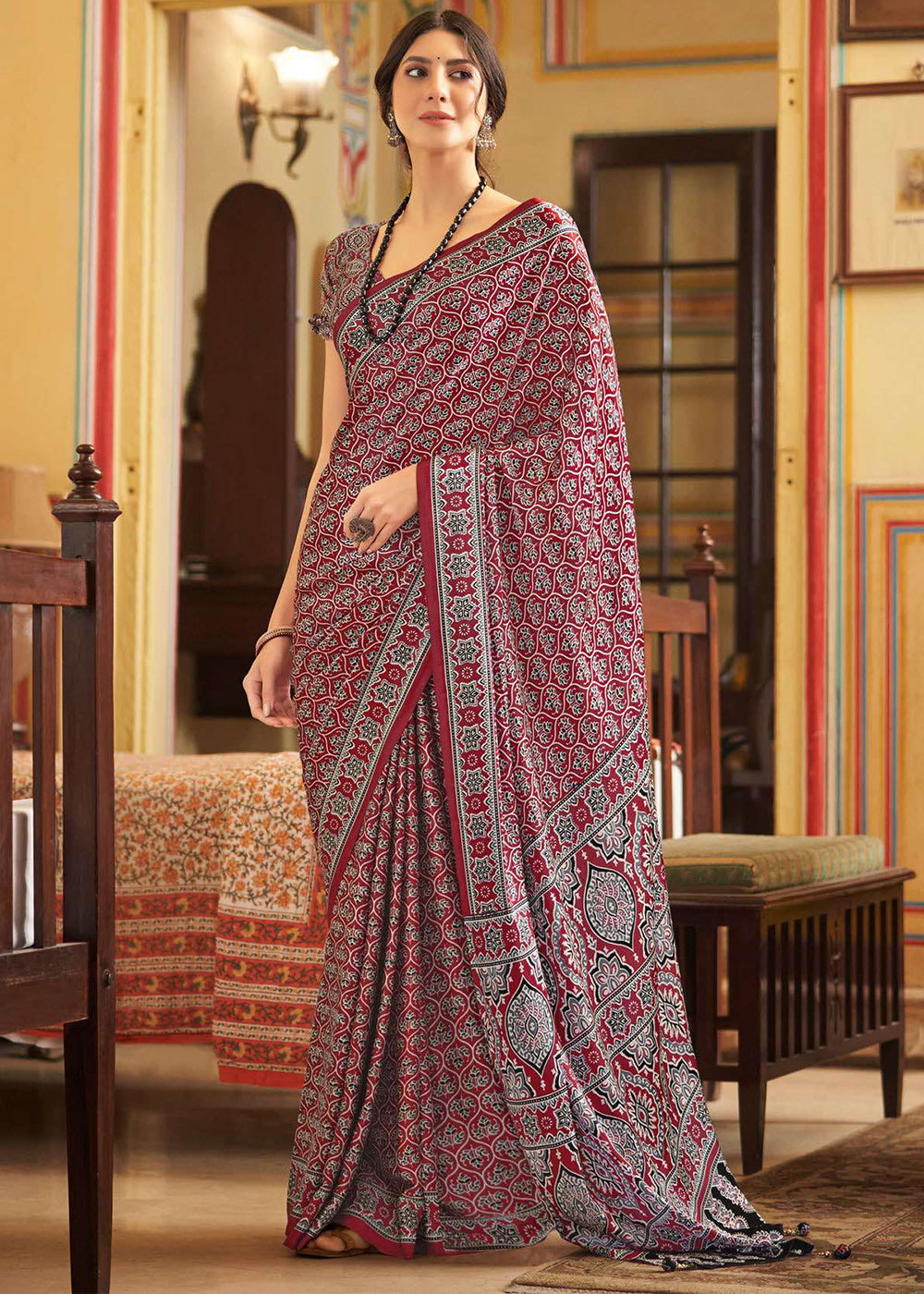 Barn Red Ajrakh Printed Satin Crepe Saree:Summer Collection - qivii
