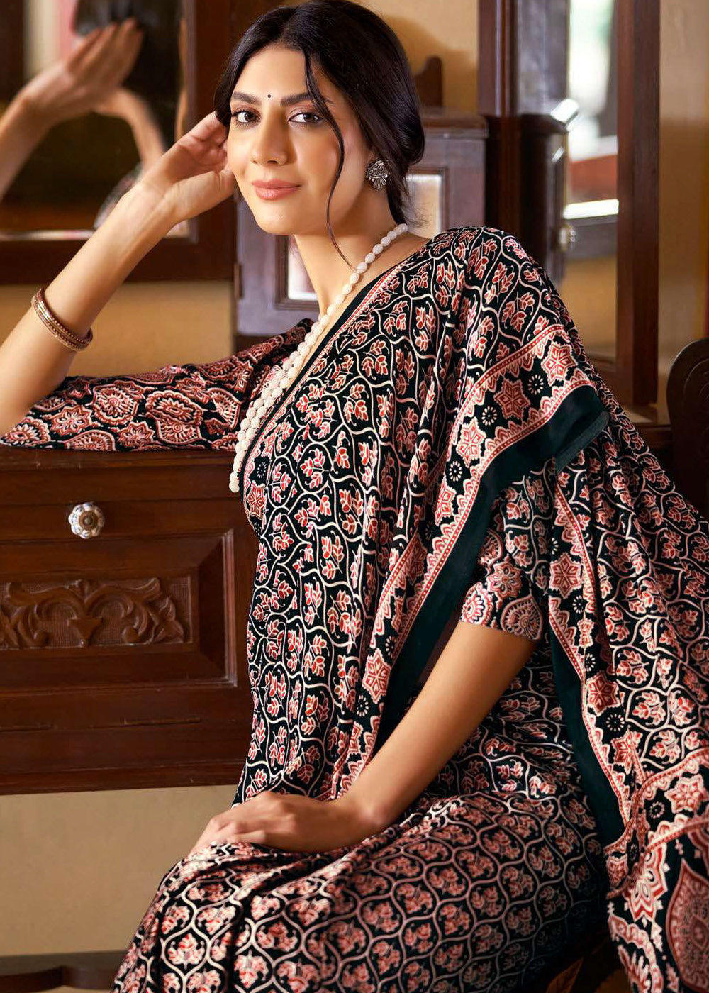 Ink Black Ajrakh Printed Satin Crepe Saree:Summer Collection - qivii