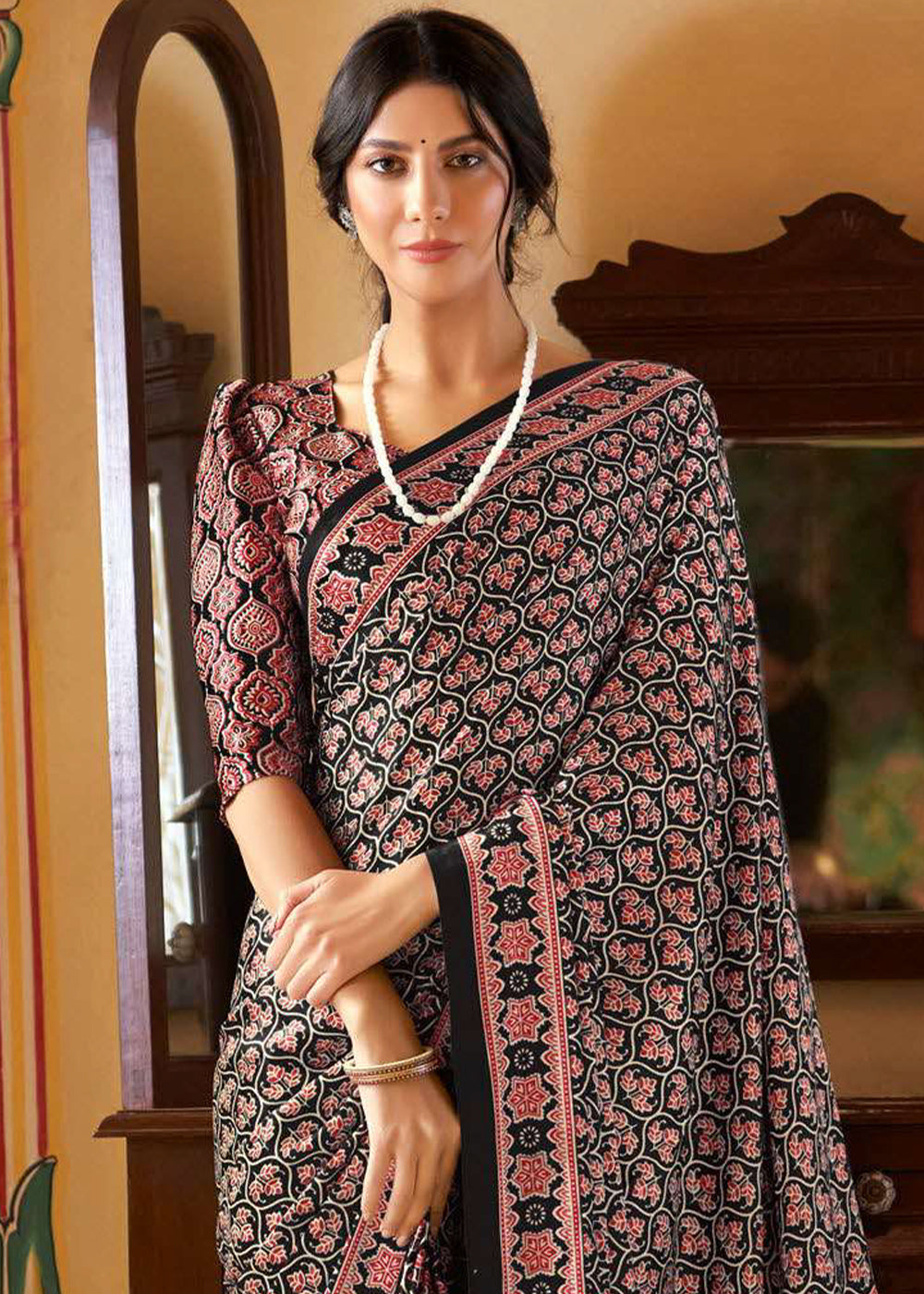 Ink Black Ajrakh Printed Satin Crepe Saree:Summer Collection - qivii