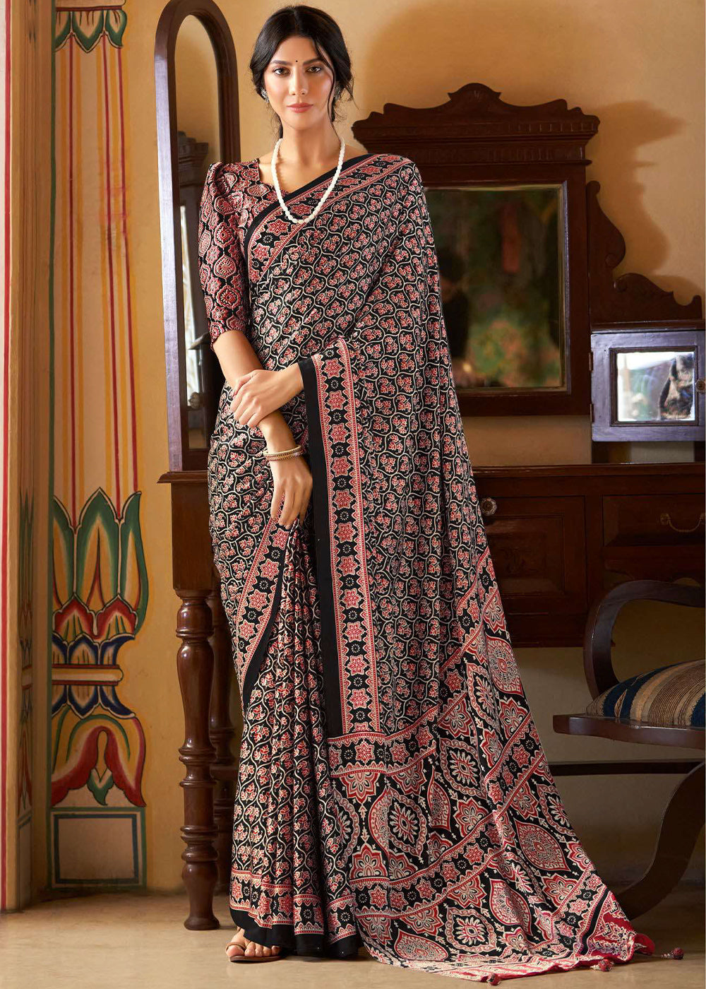 Ink Black Ajrakh Printed Satin Crepe Saree:Summer Collection - qivii