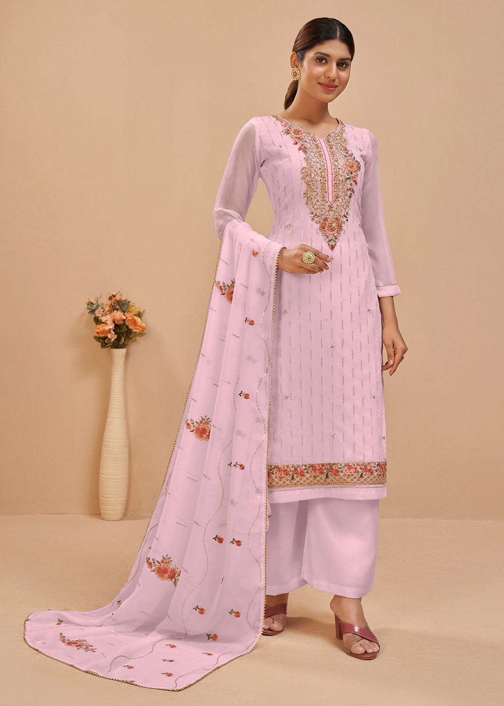 Lavender Purple Georgette Salwar Suit with Thread, Khatli & Sequence work - qivii