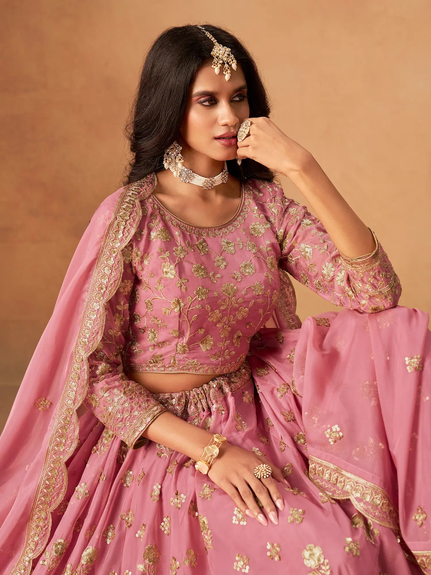Light Pink Organza Embroidery Work Lehenga Choli - qivii