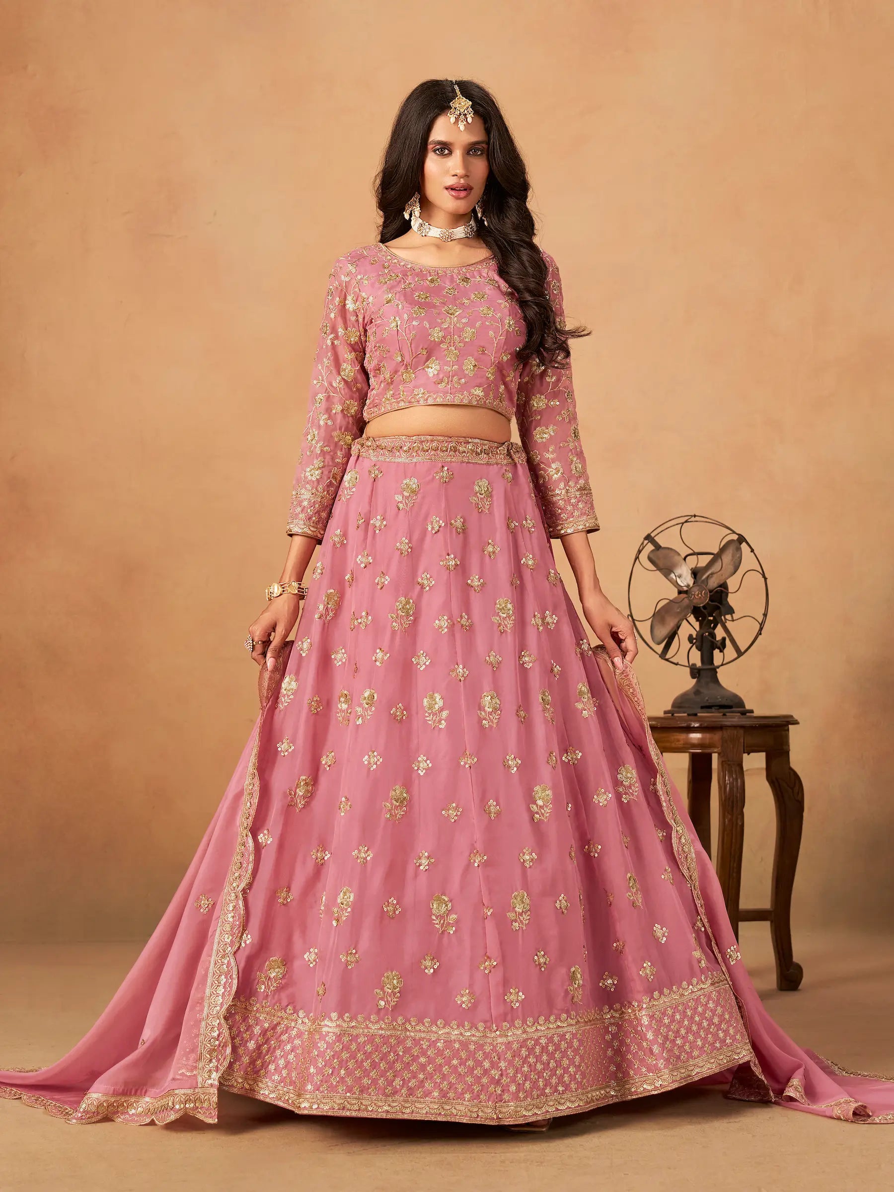 Light Pink Organza Embroidery Work Lehenga Choli - qivii