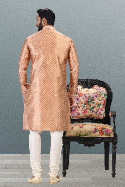 Men's Dark Peach Jacquard Banarasi Silk Pintux Work Kurta Pajama Set